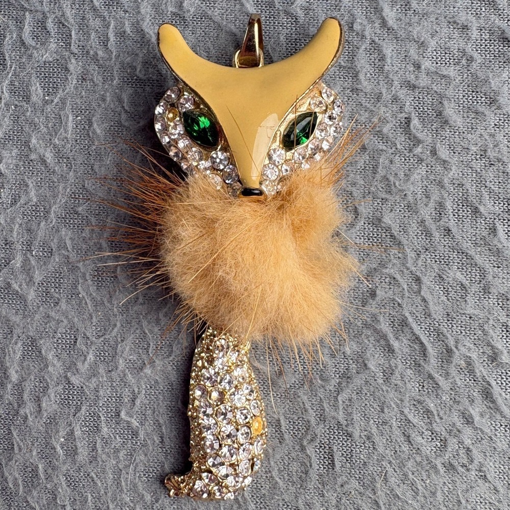 Gold Tone Rhinestone Fox Pendant Green Eyes Fur Pom Enamel Articulated Tail